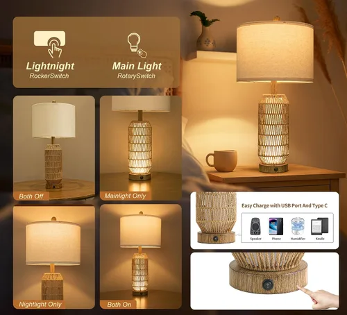 Miniatura 3 de OYEARS Lámparas de mesa de 22.5" para sala de estar, juego de 2 lámparas boho para dormitorios, lámpara de mesita de noche para veladores, lámpara
