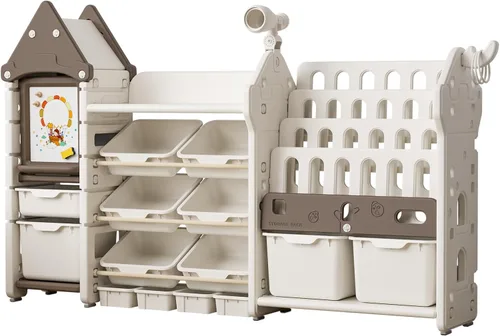 Miniatura 3 de UNICOO Organizador de almacenamiento de juguetes para niños con estantería, organizador de sala de juegos de 14 cubos y estantería, estante de Marrón