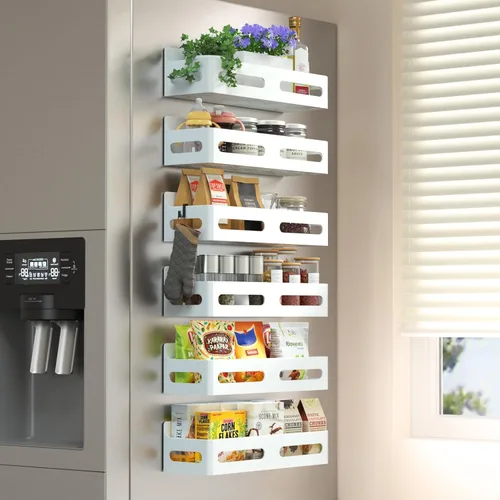 Miniatura 9 de Sevenblue Paquete de 4 estantes magnéticos para especias para refrigerador, organizador de estantes para especias, estante magnético móvil Blanco