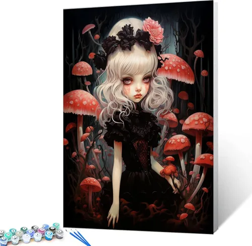 Pintura por números para adultos, niños, principiantes, sin marco, exquisita muñeca en estilo oscuro, pintura por números sobre lienzo con pinceles