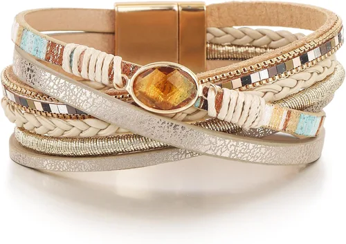 Miniatura 9 de Edoneery - Pulsera envolvente de cuero para mujer, brazalete de puño de múltiples capas hecho a mano estilo bohemio con cuentas de cristal