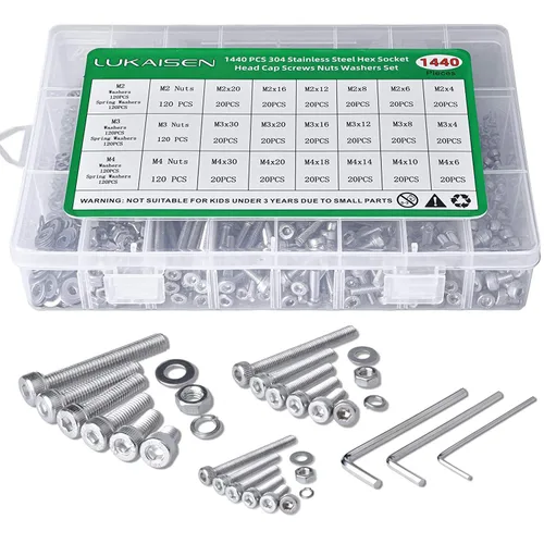Miniatura 8 de Surtido de 1500 piezas de tornillos, tuercas y arandelas, kit de pernos y tuercas métricos M2 M3 M4 M5 M6 con cabeza hexagonal de casquillo, acero