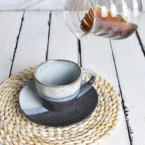 Miniatura 5 de Bosmarlin Juego de 2 tazas de café de gres con platillo para café con leche, capuchino, té, onzas, lavavajillas y microondas (negro, 2)