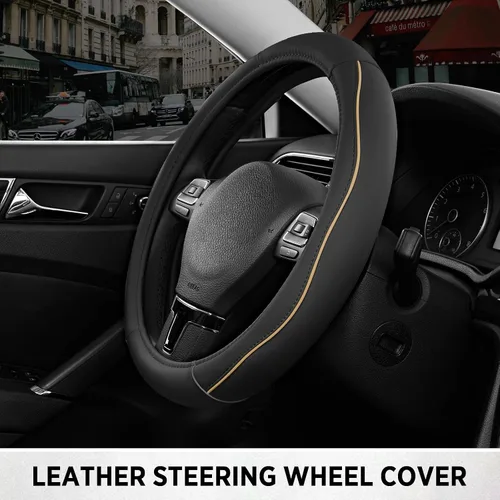 Miniatura 6 de Road Comforts Funda de cuero para volante con ribete decorativo y ribetes, diseño antideslizante y transpirable, se adapta a volantes redondos