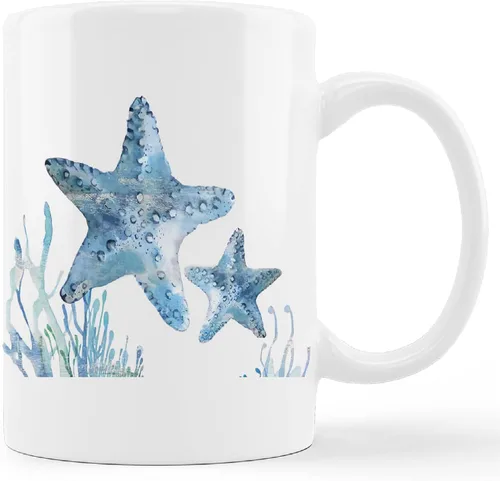 kunlisa Taza de cerámica con diseño de estrella de mar de acuarela, diseño de estrella de mar y estrella de mar, taza de 11 onzas, taza de té con