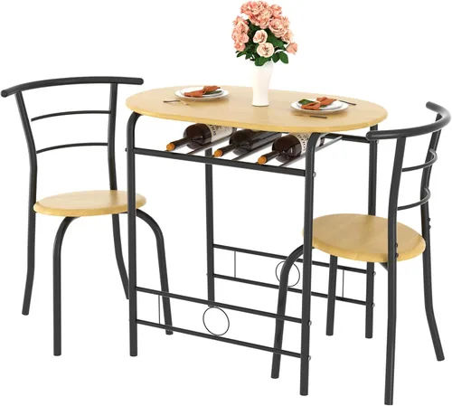 Miniatura 27 de VECELO Juego de mesa de comedor de 3 piezas para rincón de desayuno, mesa ovalada de mármol sintético y marco de metal con estante de vino Blanco