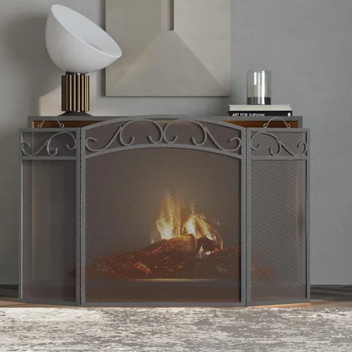 Miniatura 2 de Fire Beauty Pantalla de chimenea 3 paneles con asas de hierro forjado 51 pulgadas de largo x 31 pulgadas de alto, cubierta de protección contra