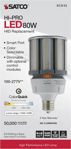 Miniatura 9 de Satco S13143 Hi-Pro CCT seleccionable 3000K/4000K/5000K lámpara LED con puerto de sensor, reemplazo HID, 80 vatios