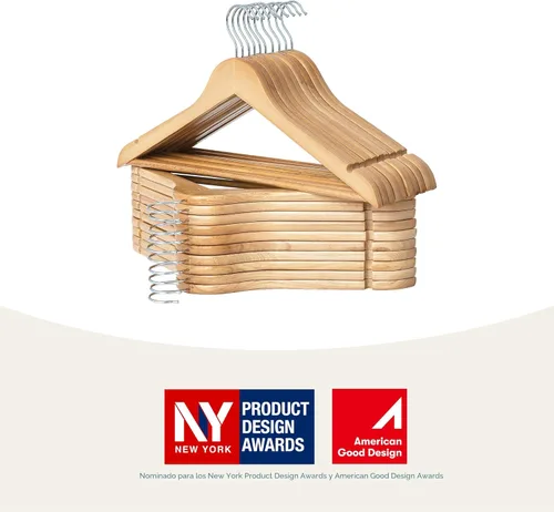 Miniatura 3 de StorageWorks Paquete de 20 perchas de madera para armario, perchas de ropa resistentes para trajes, camisas, pantalones, chaquetas, color madera