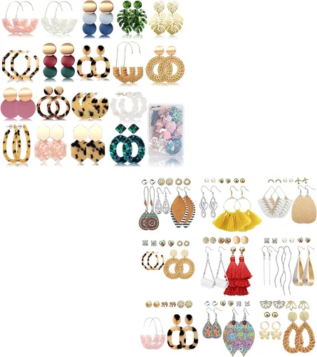 47 pares de aretes de piel de ratán con borla bohemia + 18 pares de aretes llamativos para mujer, Ratán Resina Acrílico Cuero Zirconia cúbica