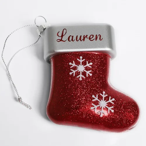Miniatura 7 de Let's Make Memories Adorno de Navidad personalizado, cristal con forma de calcetín con purpurina, nombre grabado con láser, tono de joya, adorno