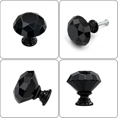 Miniatura 3 de 6 pomos de cristal de cristal de 1.18 pulgadas para cajones, pomos negros en forma de diamante, manijas con tornillos para cocina, baño, tocador
