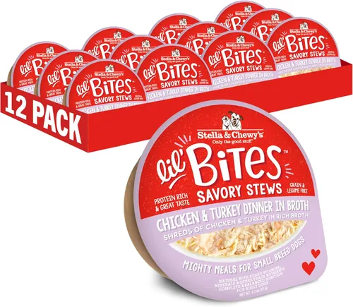 Stella & Chewy's Lil Bites - Guisos salados para razas pequeñas, cena de pollo y pavo en caldo, tazas de 2.7 onzas (paquete de 12)