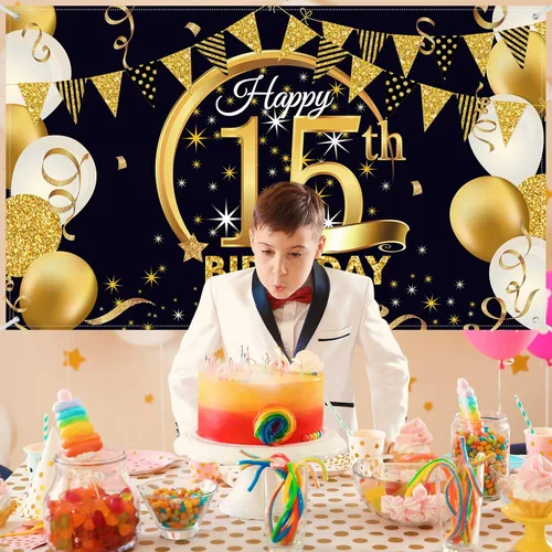 Miniatura 4 de Decoración de fiesta de cumpleaños número 15, cartel póster de tela extra grande negro y dorado para telón de fondo de cabina de fotos