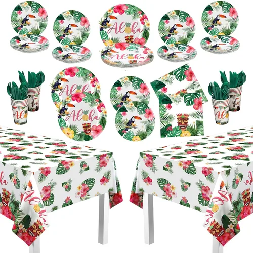 Pajean Juego de 170 platos de papel y servilletas hawaianas Luau para decoración de fiesta, juego de cubiertos con 2 manteles Aloha Tiki para