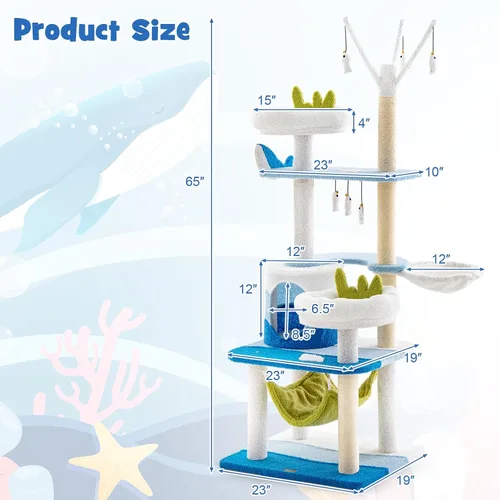 Miniatura 4 de Tangkula Árbol para gatos con temática oceánica, torre para gatos de varios niveles con postes rascadores de sisal, condominio, perca, hamaca