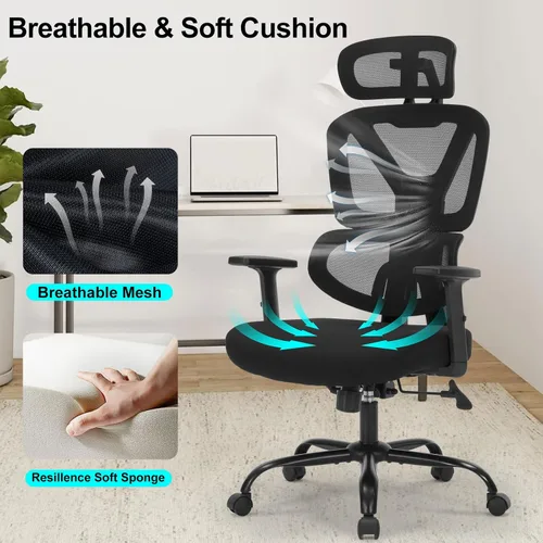 Miniatura 5 de Silla de oficina ergonómica, silla de escritorio ejecutiva de malla con respaldo alto con altura ajustable y reposabrazos ajustables, soporte