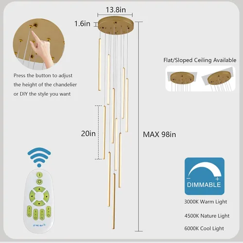 Miniatura 3 de HuisMier Candelabros LED Dorados de 10 Luces, Candelabro Moderno Regulable para Escalera y Techo Alto con Control Remoto, Candelabro Largo