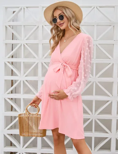 Miniatura 4 de Coolmee Vestido de maternidad de manga larga con lunares suizos, cuello en V, para otoño, casual, bohemio, vestido midi para baby shower, sesión