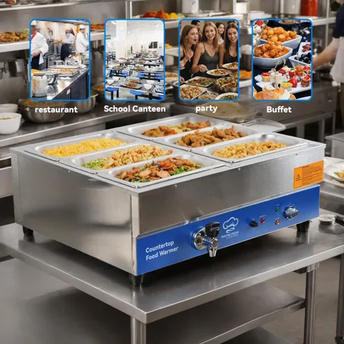 Miniatura 2 de TOPKITCH Calentador de alimentos comercial de 6 bandejas, Baño María eléctrico de acero inoxidable para encimera, mesa de vapor para buffet