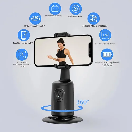 Miniatura 6 de Trípode de seguimiento facial automático, rotación de 360°, soporte para cámara de teléfono, soporte inteligente para disparos con palo selfie Negro