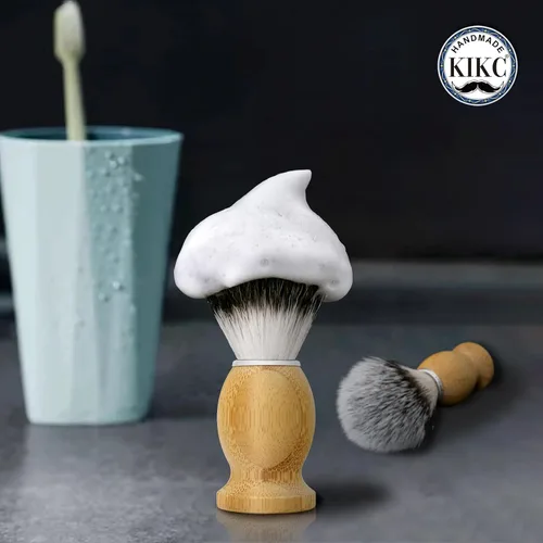 Miniatura 6 de KIKC Cepillo de afeitar hecho a mano para veganos, cerdas de pelo sintético para afeitado húmedo, mango de bambú cómodo, el mejor regalo para hombre