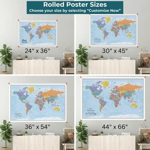 Miniatura 3 de Póster personalizado en lienzo enrollado con mapa del mundo, arte de pared con chinchetas – Grande 24" x 36" mapa del mundo de océanos azules