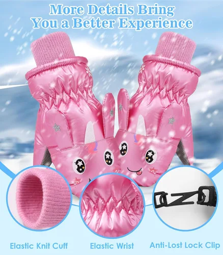 Miniatura 5 de MoKo Guantes de nieve para niños pequeños, guantes cálidos de forro polar coral para niños con hebillas de unión, guantes de esquí impermeables