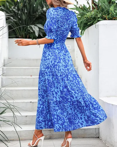 Miniatura 94 de BTFBM Vestidos para mujer, cuello redondo, casual, de verano, con volantes, manga corta, bohemio, con niveles, fruncido, largo, con estampado floral