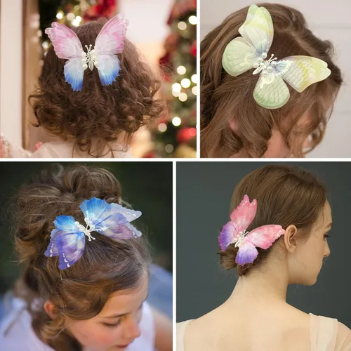 Miniatura 7 de Flying Butterfly - Pinzas para el cabello, 4 piezas grandes de organza 3D de metal plateado, alas móviles, accesorios de 4.3 pulgadas para mujeres
