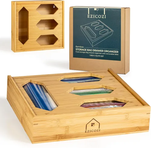 Miniatura 2 de Organizador de bolsas Ziplock de bambú para cajón de cocina, 4 compartimentos para bolsas de galón, cuarto de galón, sándwich y aperitivos, incluye