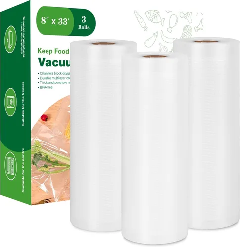 Moretoes - Bolsas selladoras al vacío, 3 rollos de 20,32 cm x 10,06 m, bolsas al vacío para almacenamiento de alimentos, rollos de bolsas de grado