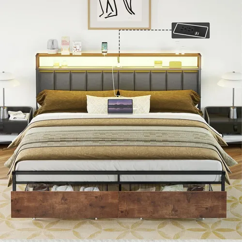 Miniatura 11 de AMERLIFE Marco de cama LED con 2 cajones y cabecero de 2 niveles