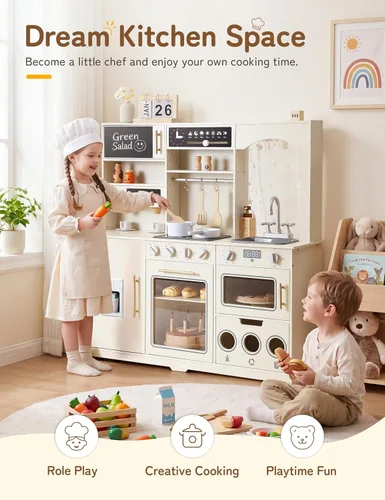 Miniatura 3 de besrey Juego de cocina para niños, juego de cocina de madera para niños con luces y sonidos reales, cocina de juguete para niños pequeños