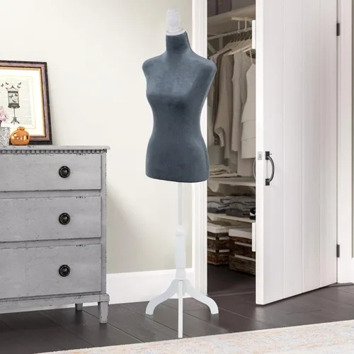 Miniatura 3 de Maniquí femenino con forma de torso, cuerpo de maniquí para vestido, altura ajustable de 49.6 a 63.4 pulgadas, soporte de trípode de madera, espuma
