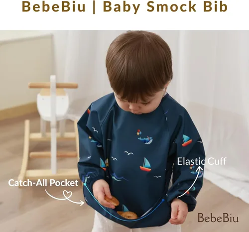 Miniatura 5 de Babero de manga larga para bebé, tela impermeable, bolsillo recolector, babero delantal para bebé, mangas ajustables