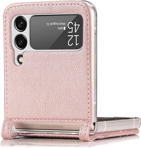 Miniatura 3 de Funda para Galaxy Z Flip 4 5G, cartera de piel sintética de lujo, color oro rosa, ranuras para tarjetas, protección completa, ajuste delgado
