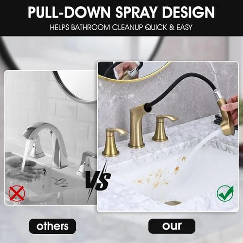 Miniatura 4 de Grifo de baño de 3 agujeros con rociador extraíble, grifo de baño de 8 pulgadas, grifo de tocador de dos manijas con líneas de suministro cUPC