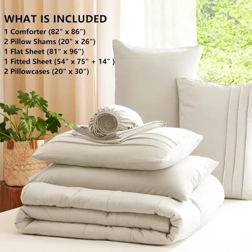 Miniatura 6 de CozyLux Juegos de Edredón Tamaño Full Beige, 7 Piezas Suave Plisado Pinch Pleat Cama en una Bolsa Juego de Edredón Full con Sábanas, Juego de Cama