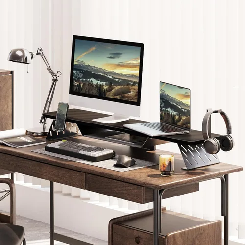 Miniatura 2 de Fenge Soporte de monitor doble, elevador de monitor de 42.5 pulgadas para escritorio, estante de escritorio de madera para 2 monitores, estante