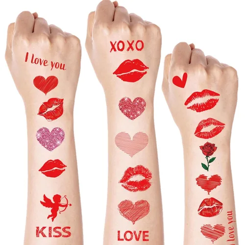 Calcomanías de tatuaje para el día de San Valentín, diseño de corazón, beso, labio, tatuajes temporales, decoración del día de San Valentín,