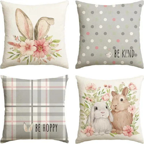 Miniatura 10 de AVOIN colorlife Juego de 4 fundas de cojín de Pascua con diseño de búfalo y flor de conejo de Pascua Be Hoppy Bule, 18 x 18 pulgadas, diseño