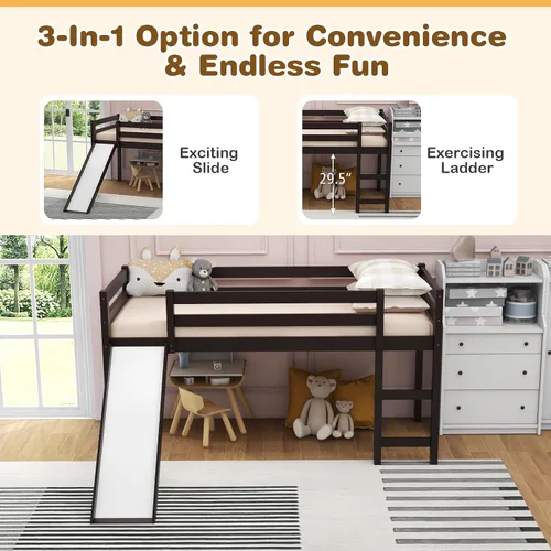 Miniatura 6 de Giantex Cama alta individual con tobogán, cama baja de madera para niños, escalera de escalada y espacio de almacenamiento, cama individual