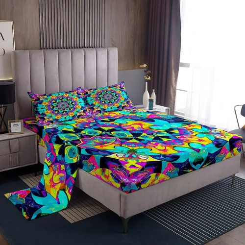 Miniatura 14 de Erosebridal Juego de sábanas y fundas de almohada vintage con estampado floral oriental para niños pequeños, juego de sábanas de medallón persa