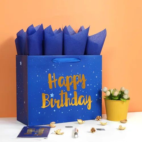 Miniatura 5 de Qirrmiy Juego de bolsa de regalo azul grande de 13 pulgadas con tarjeta de felicitación y papel de seda (estrellas y lámina dorada, feliz (L)Azul