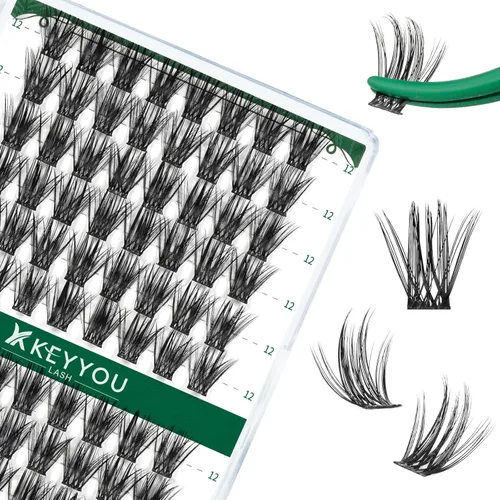 Miniatura 47 de KEYYOU Racimos de pestañas, 96 piezas de extensiones de pestañas DIY, rizado D de 16 mm, negro, realista, no irritante, fácil de colocar en casa