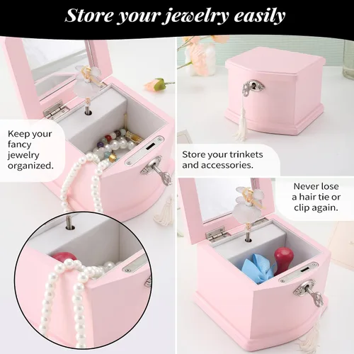 Miniatura 5 de Joyero musical de bailarina rosa con espejo y cerradura para niñas, baúl de música rosa para niños, regalo para Navidad, Año Nuevo, cumpleaños