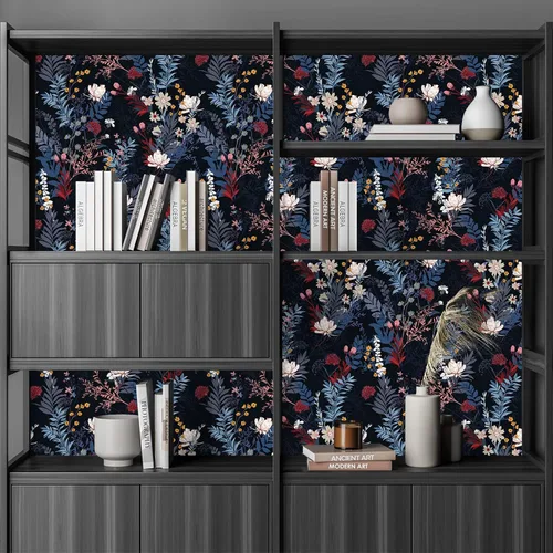 Miniatura 5 de VEELIKE Papel tapiz botánico oscuro para despegar y pegar, papel tapiz floral negro para dormitorio, baño, sala de estar, 17.7 x 118 pulgadas, papel