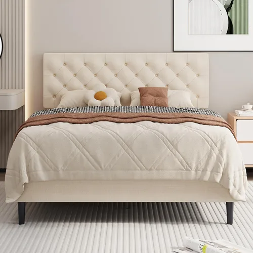 BarnFurin Base de cama tamaño Queen, plataforma tapizada con cabecera capitoné con botones, marco de cama de tela con soporte de listones de madera,