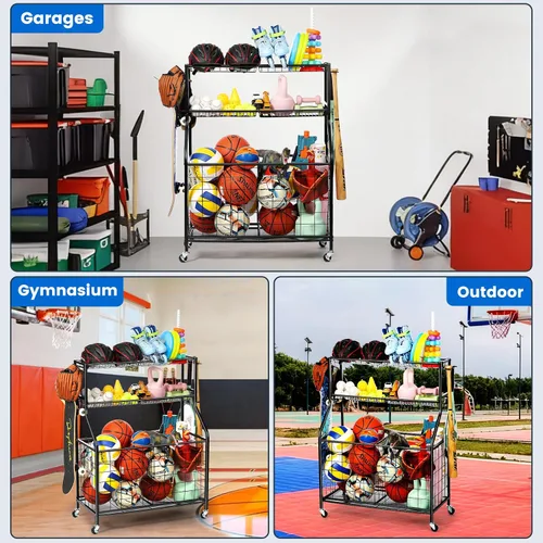 Miniatura 5 de Kinghouse Organizador de equipo deportivo de garaje, estante deportivo con ganchos, con cubo de almacenamiento de pelota de 37 galones